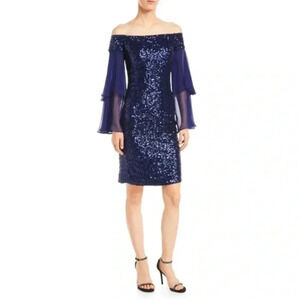 NWT Rickie Freeman For Teri Jon Off-the-Shoulder Sequin Dress w/ Doubled Sleeves